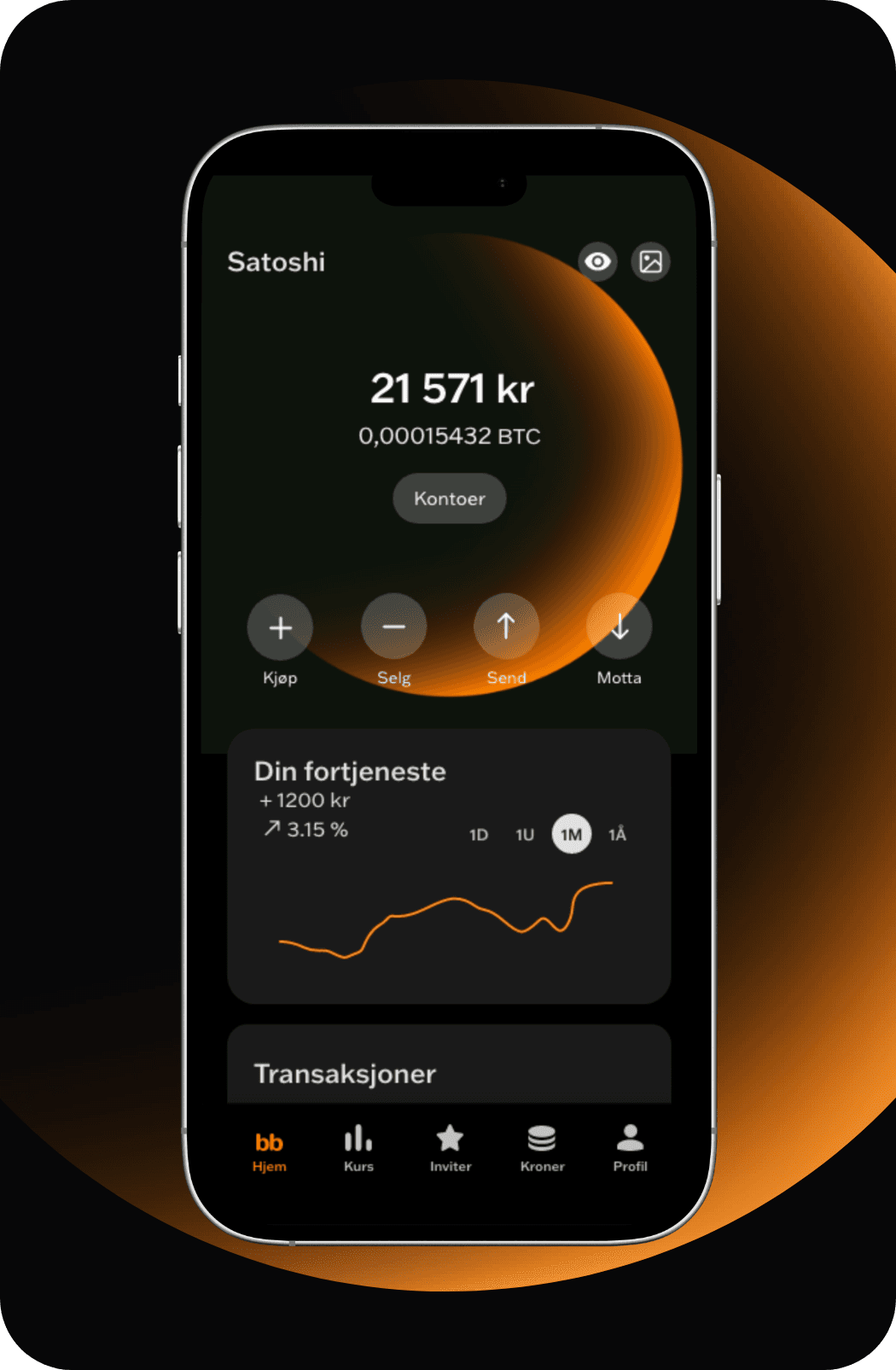 Bilde av en mobil som viser appen til Bare Bitcoin. Du kan kjøpe, selge, sende og motta bitcoin, samt se avkastningen din