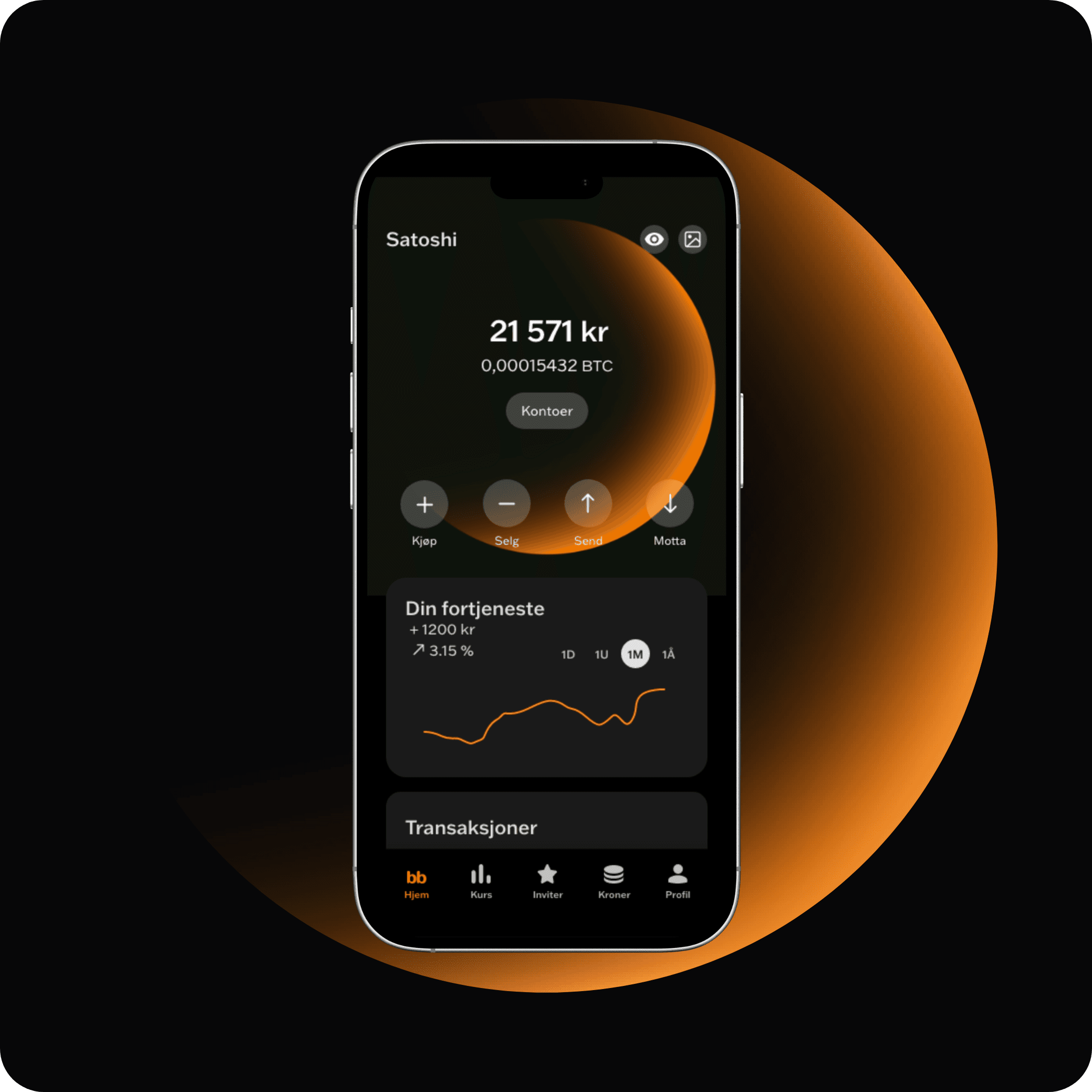 Bilde av en mobil som viser appen til Bare Bitcoin. Du kan kjøpe, selge, sende og motta bitcoin, samt se avkastningen din
